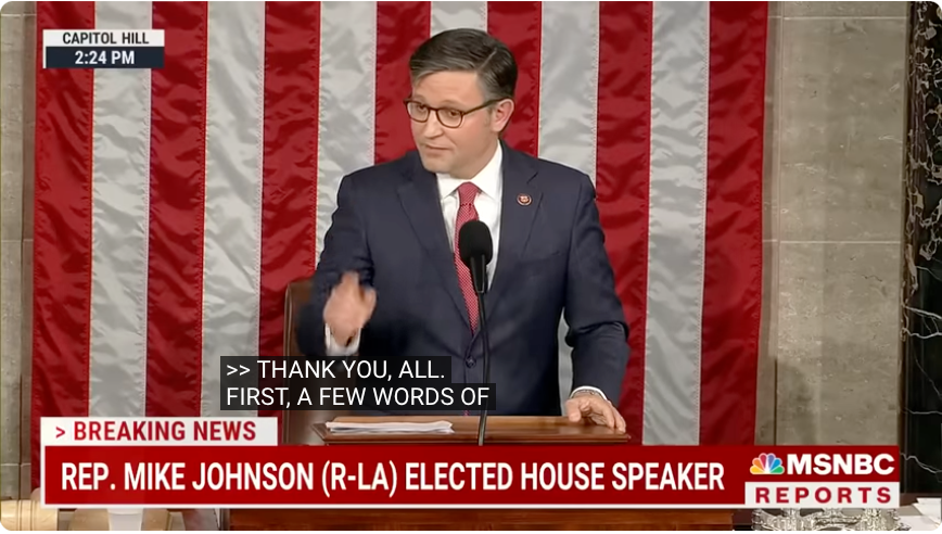 New House Speaker Mike Johnson addresses the full House of Representatives upon his election. Video. Johnson speech